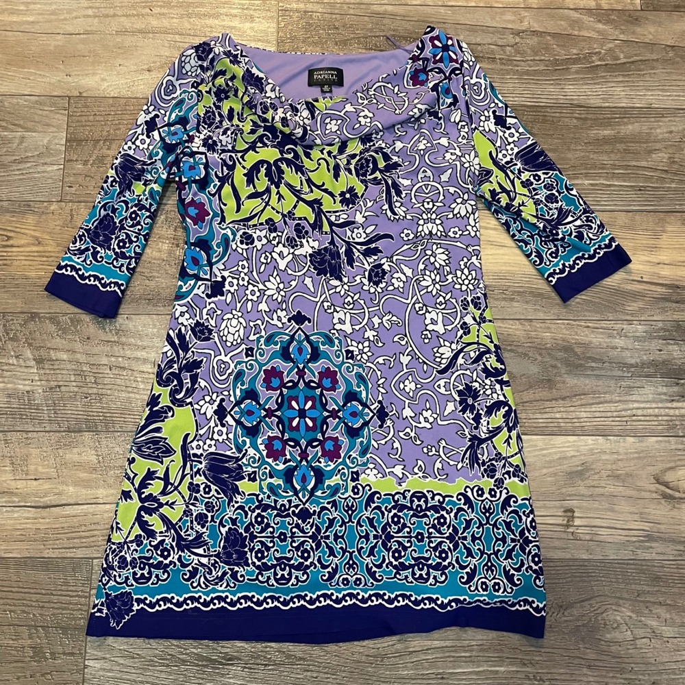 Adrianna Papell Petite Women's 6P Purple Floral Print Cowl Neck 3/4 Sleeve Dress